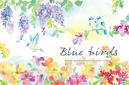 Blue birds watercolor clipart set