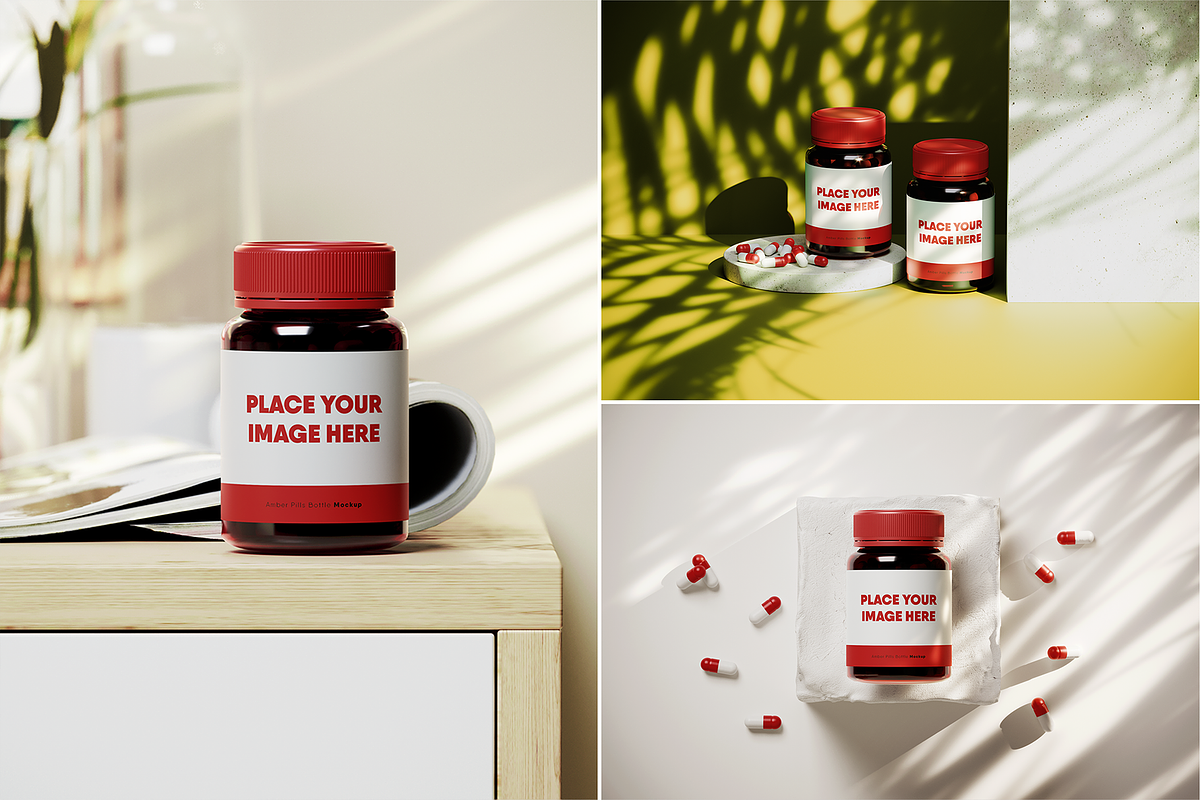Amber Pills Bottle Mockups, a Packaging Mockup by Xtrahive (Photo 1 of 4)