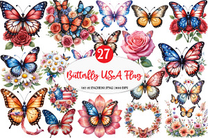 Butterfly Flower USA Flag Graphics, an Illustration by Watercolor design