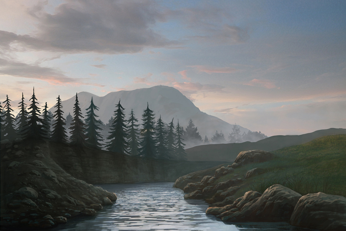 Pines and river, an Illustration by Clonefront