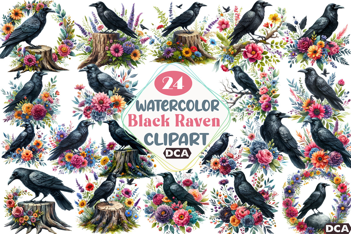 Watercolor Black Raven Clipart, an Illustration by DreamCafeArt (Photo 1 of 7)
