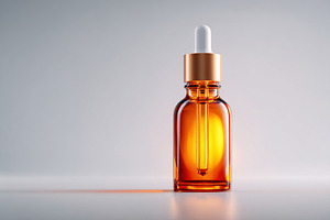 Amber glass dropper bottle with golden cap, a Health & Medical Photo by AlyaAnd
