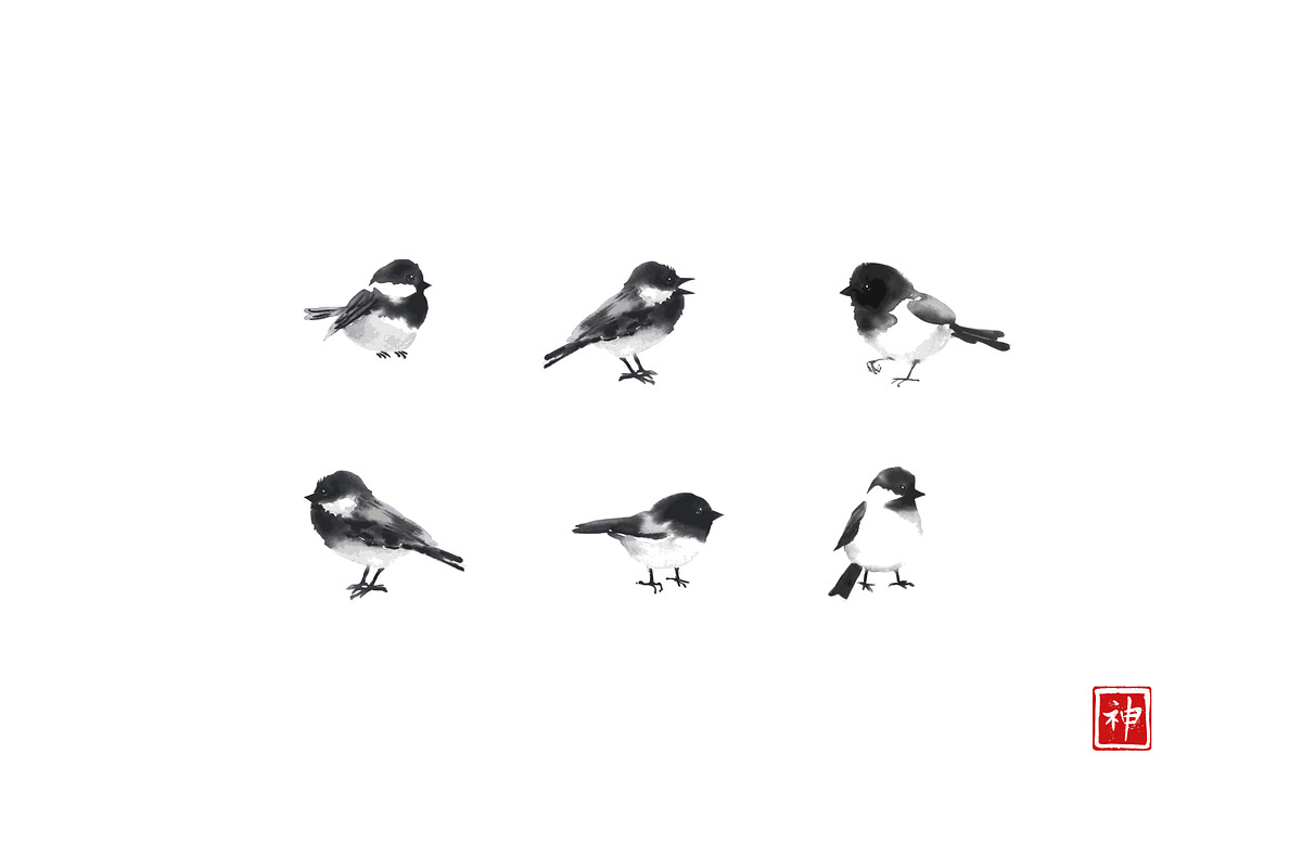 Japanese ink painting sumi-e. Birds., an Animal Illustration by Elina_Li (Photo 2 of 25)