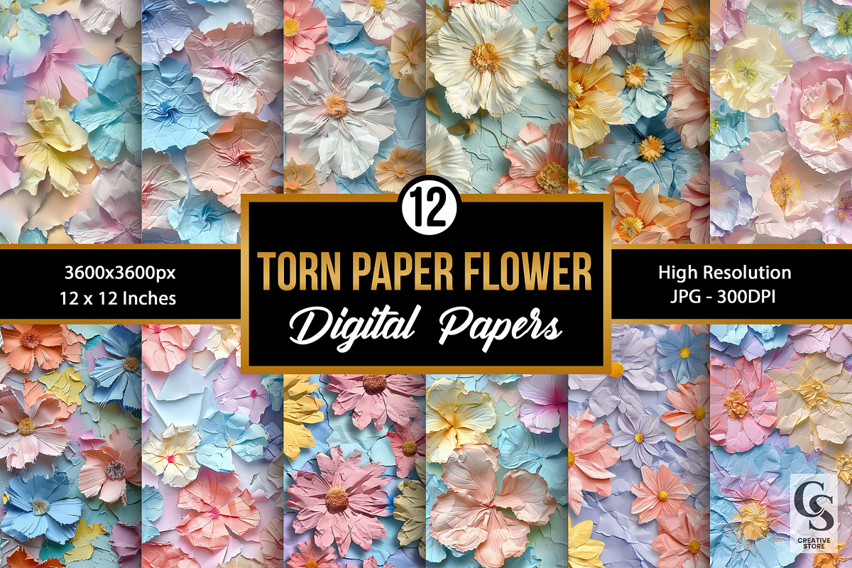 Pastel Torn Paper Flowers Patterns, a Pattern Graphic by Creative Store (Photo 1 of 5)