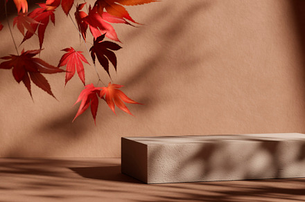 Natural stone podium with falling autumn leaves in front of beig