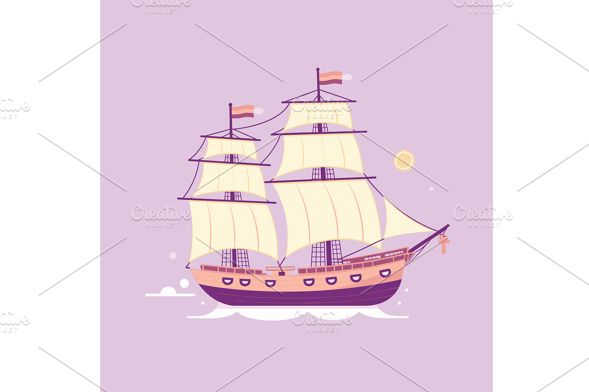 Sailing ship cartoon graphic purple, an Illustration by Vectorstockersland