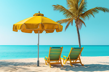 Illustration of deck chairs on sandy beach near palm tree. Generative AI, a Nature Photo by AlyaAnd
