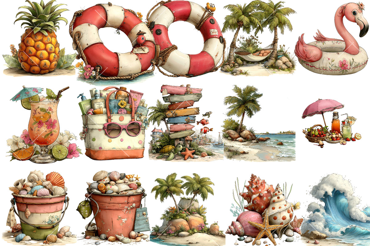Watercolor Tropical Beach Clipart, an Illustration by OK Design (Photo 3 of 6)