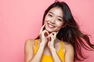 Smiling Asian Woman Touching Her Fac, a Person Photo by Stock Shape