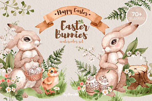 Easter Bunnies. Watercolor forest