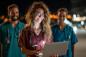 Healthcare professionals using a laptop during nighttime teamwork in a hospital, a Health & Medical Photo by AS photostudio