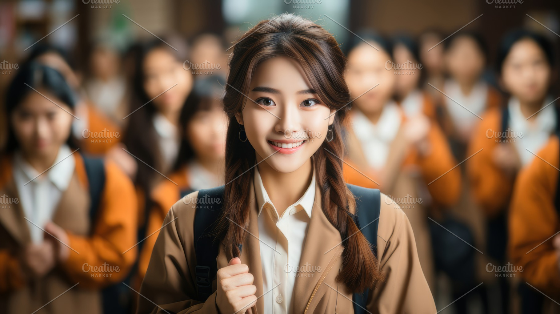 Smiling Asian Schoolgirl with Backpack Among Classmates in Classroom Setting, a Photo by AS photostudio