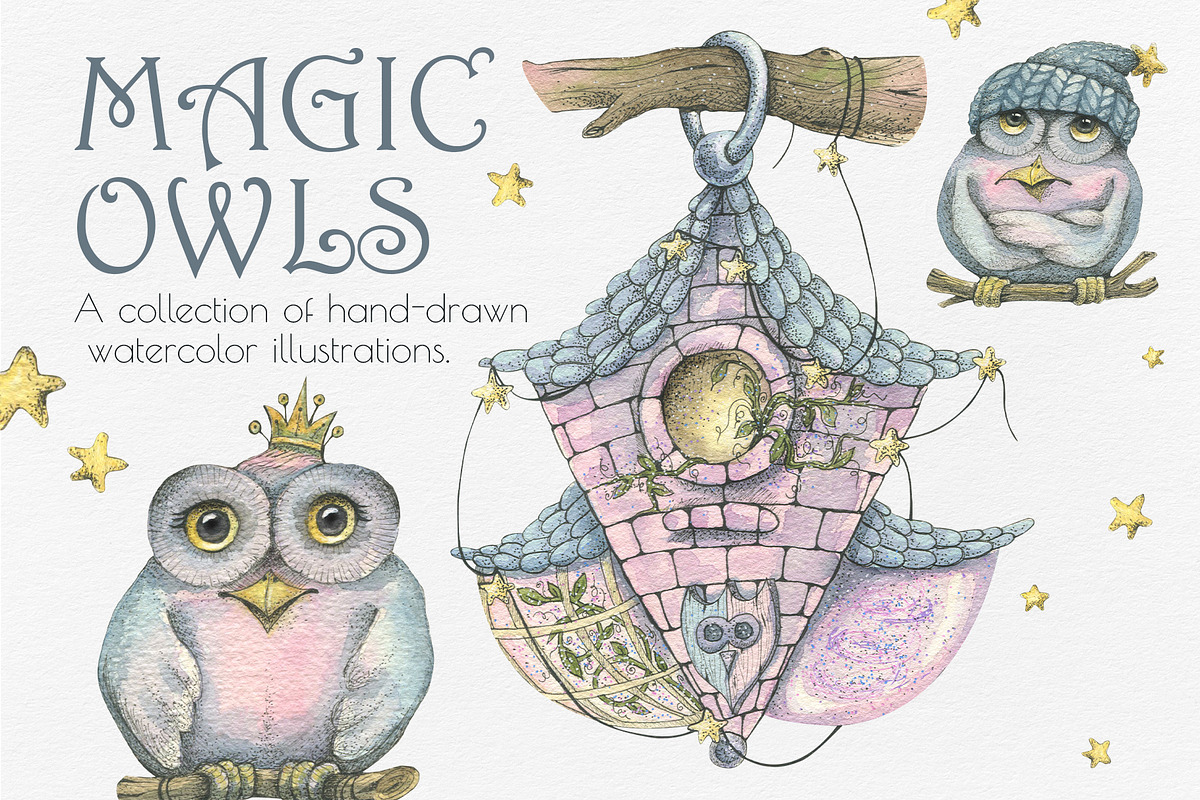 Magic Owls Winter Clipart Watercolor, an Illustration by NATASHA CHU (Photo 1 of 9)