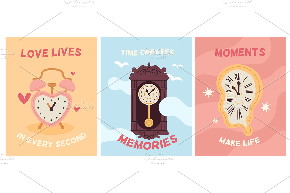 Vintage clocks cards. Retro, an Illustration by YummyBuum