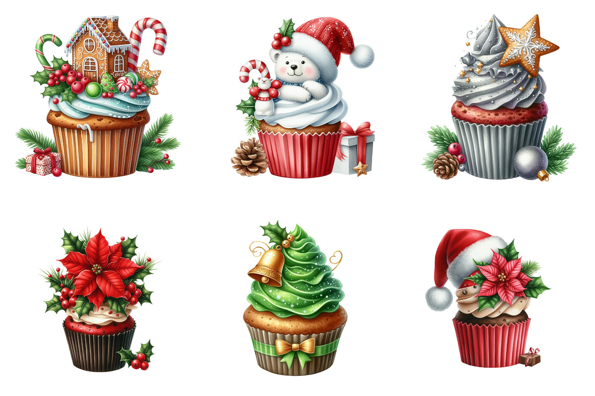 Christmas Cupcakes Clipart Bundle, an Illustration by SinaCreation (Photo 4 of 7)
