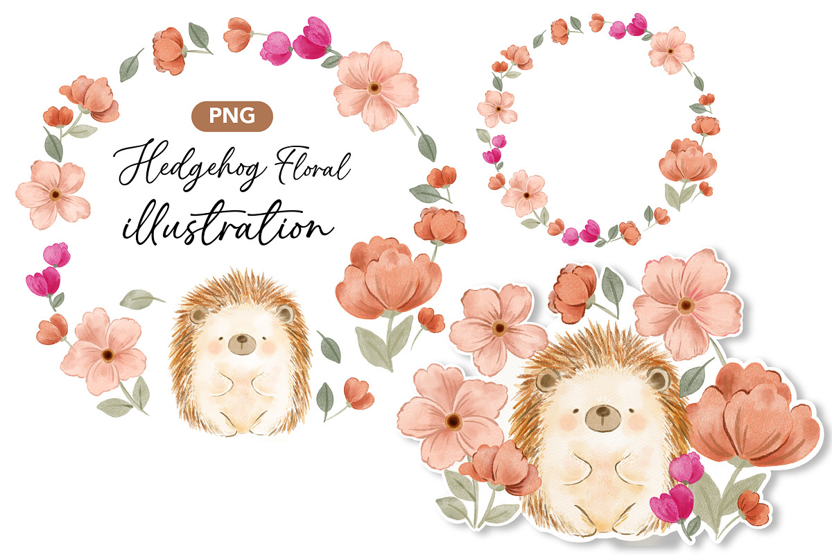 watercolour flower cute hedgehog, an Illustration by hanacrochetdesign (Photo 7 of 7)