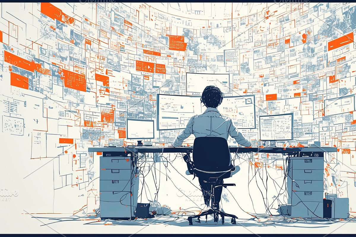 System administrator working on machine learning in tech environment, an Illustration by AS photostudio