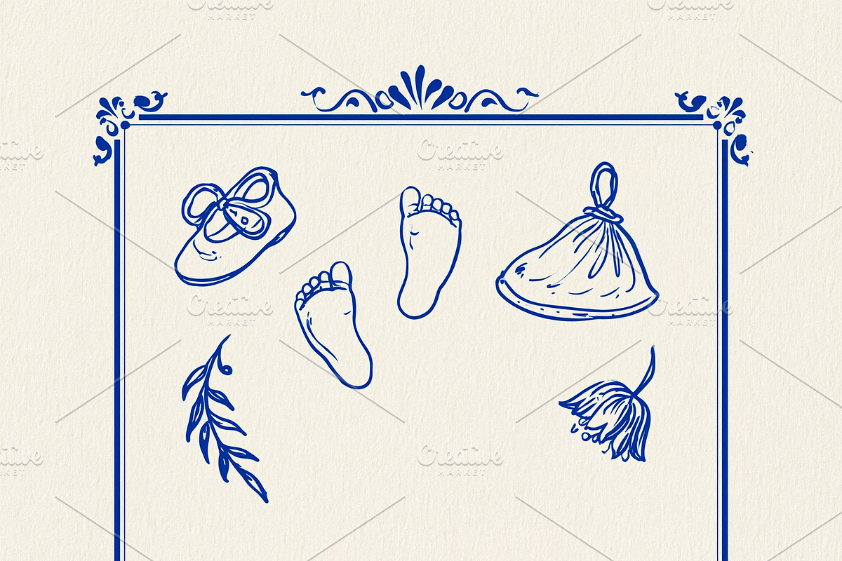 Baby shower invitation template with blue frame border, newborn foot prints, sh, an Illustration by Studio ANNA