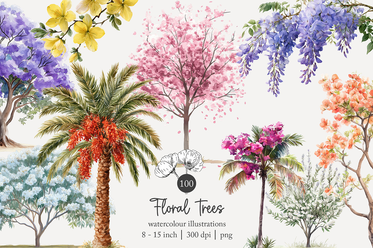 100 watercolor floral trees clip art, a Seasonal Illustration by Poppy Lane Studio (Photo 1 of 12)