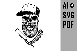 Bearded Skull With Barber Razor.