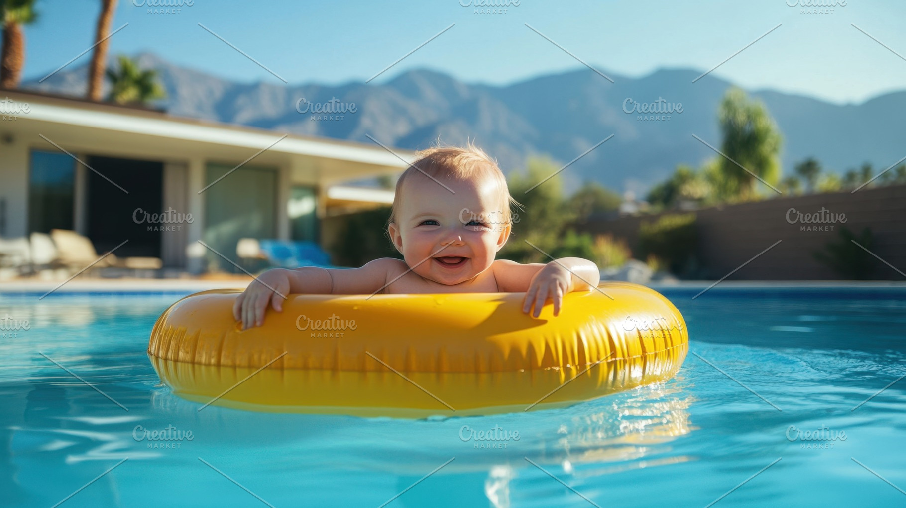 Baby enjoying pool time with float, a Photo by Beautiful things