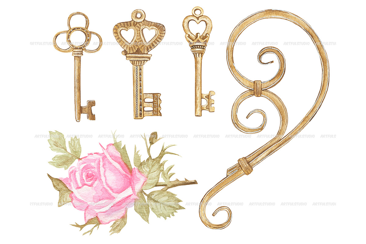 Watercolor vintage Keys and locks, an Object Illustration by ArtfulStudio (Photo 3 of 9)