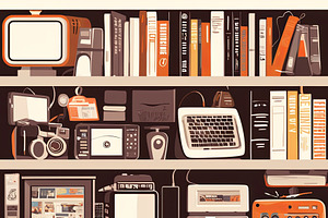 Retro technology and modern devices with bookshelf and gadgets arrangement, an Illustration by AS photostudio