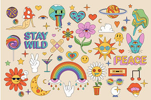 Hippie retro stickers set, groovy, an Object Illustration by Flashvector