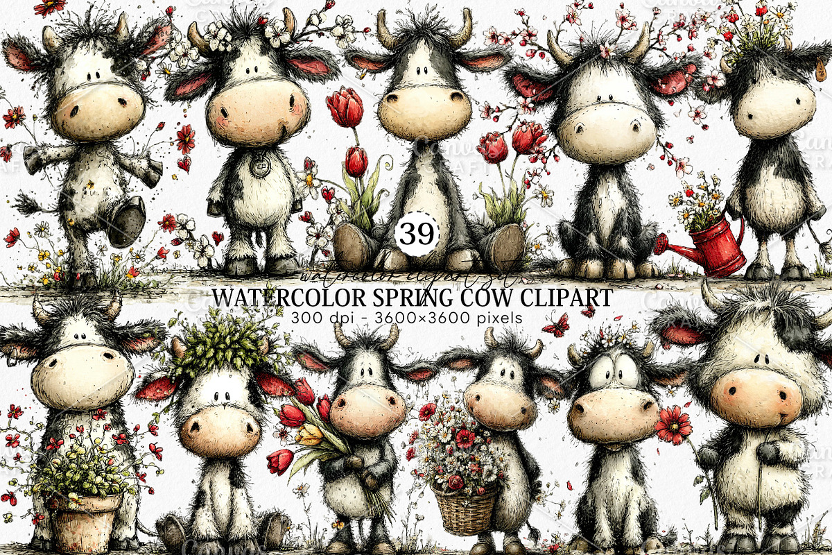 Watercolor Spring Cow Clipart Bundle, an Illustration by Canvas Craft (Photo 1 of 7)