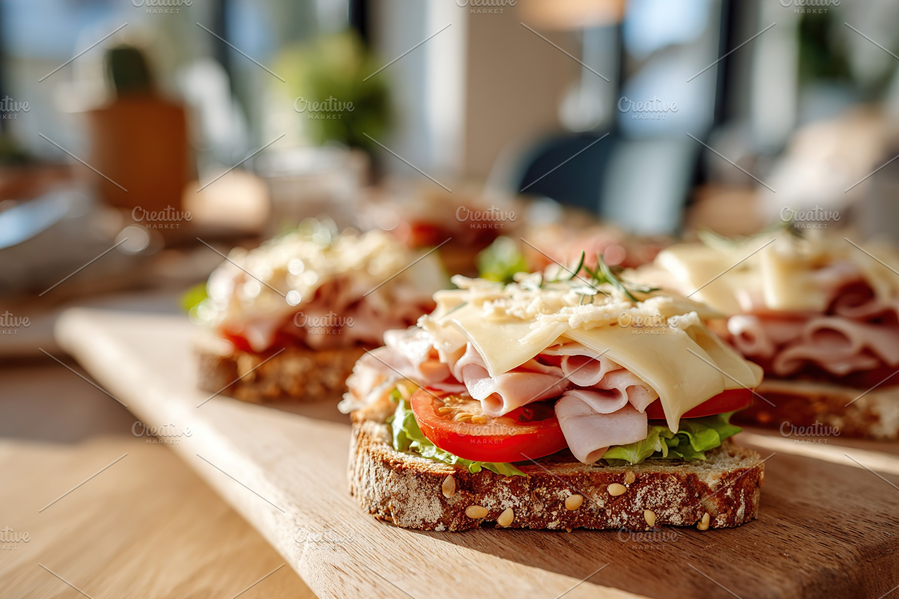 Savory ham sandwiches layered with fresh vegetables on wooden platter at a cozy, a Food & Drink Photo by AlyaAnd