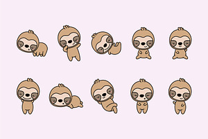 Kawaii Sloth Set, Clipart Cute Sloth