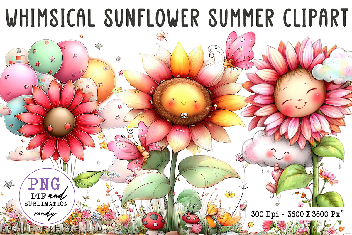 Whimsical Sunflower Summer Clipart, an Illustration by CreationArt (Photo 1 of 7)