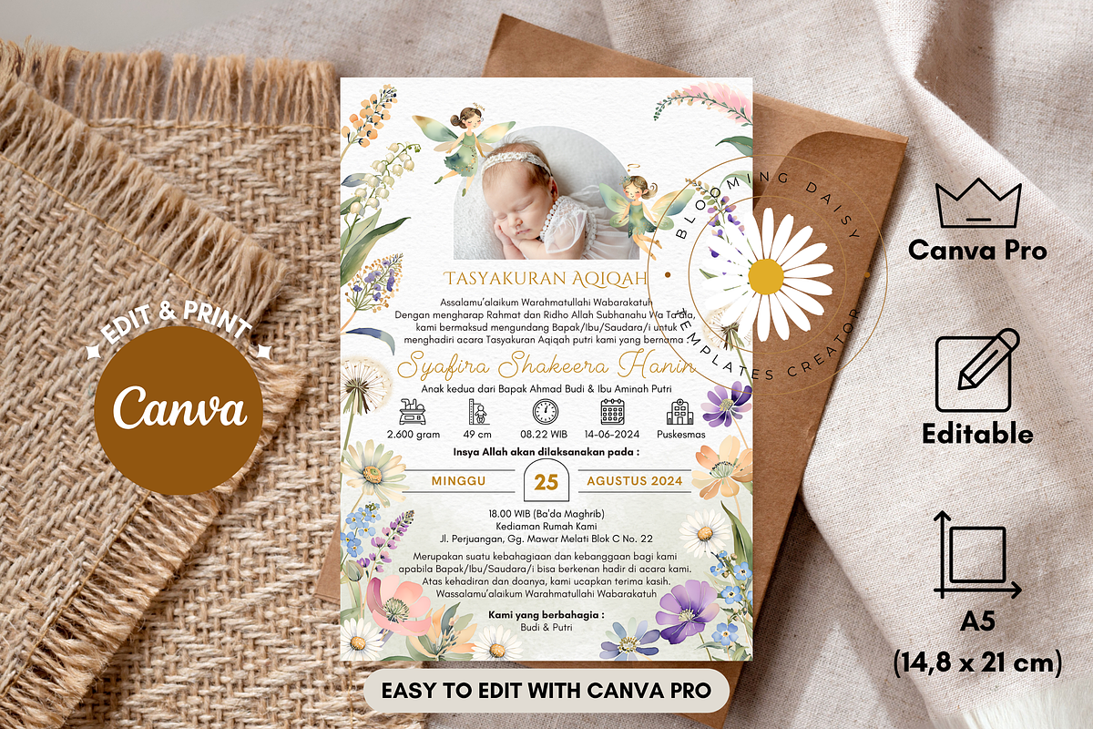 Fairy Floral Aqiqah Canva Template, an Invitation Template by Blooming Daisy (Photo 1 of 4)