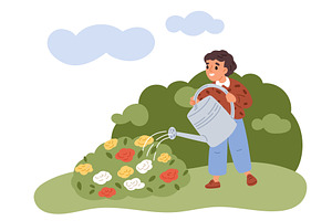 Little boy watering flowers in, an Object Illustration by Vectorbuum