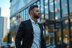 Confident businessman walking against blurred business building background, a Person Photo by AlyaAnd