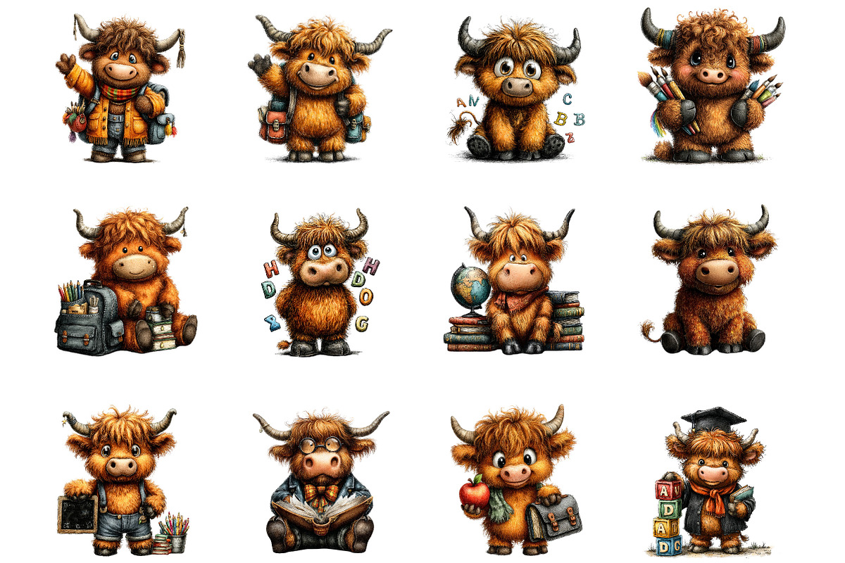 Back to School Highland Cow Clipart, an Animal Illustration by Designking (Photo 2 of 5)