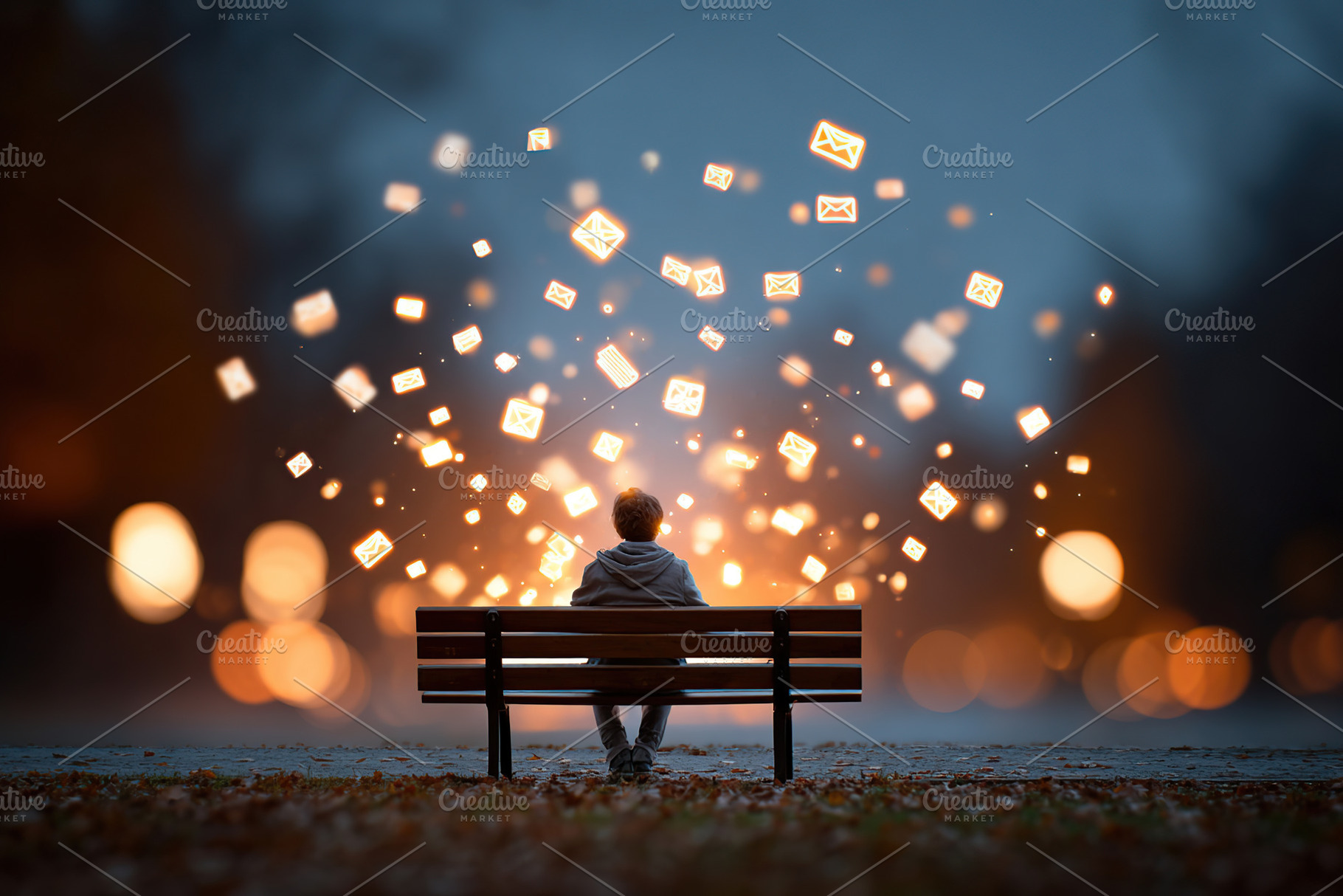 Person sitting alone on a park bench while surrounded by glowing symbols in the, a Photo by AlyaAnd