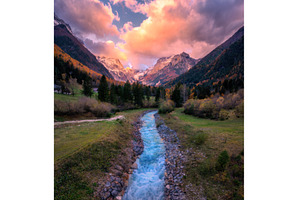 Stream in mountain valley with, a Nature Photo by den-belitsky