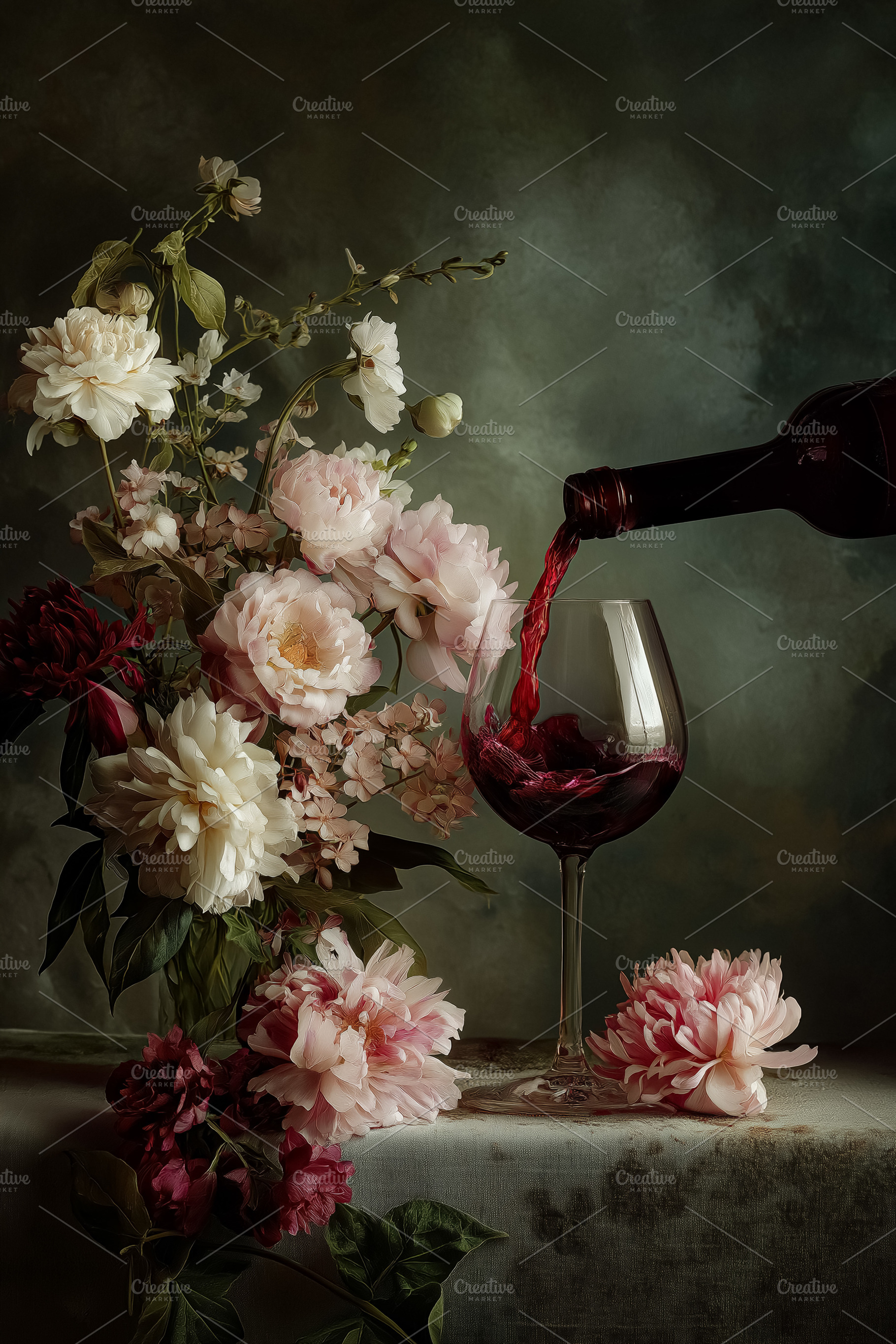 Pouring red wine into a glass, creating a luxurious and romantic still life wit, a Food & Drink Photo by Studio ANNA