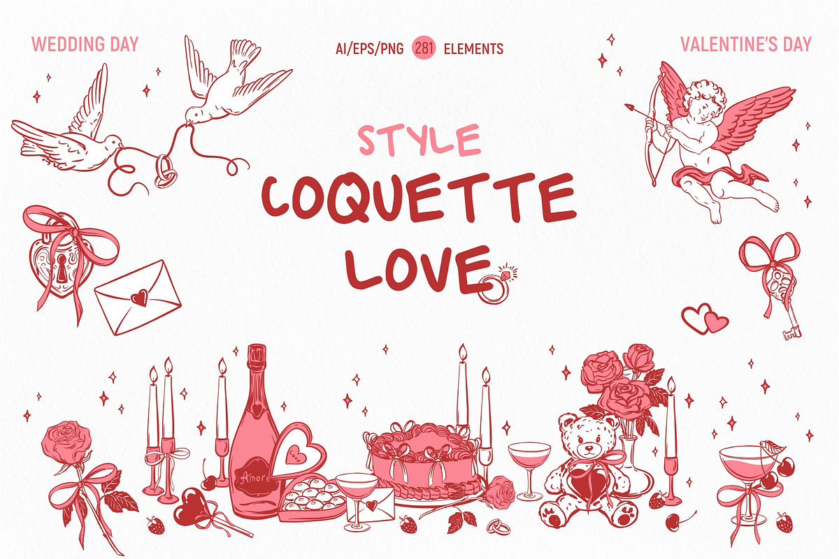 Love Coquette style. Vector clip art, a Decorative Illustration by Tata Pilip (Photo 1 of 23)