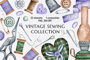 Vintage Watercolor Sewing Clipart