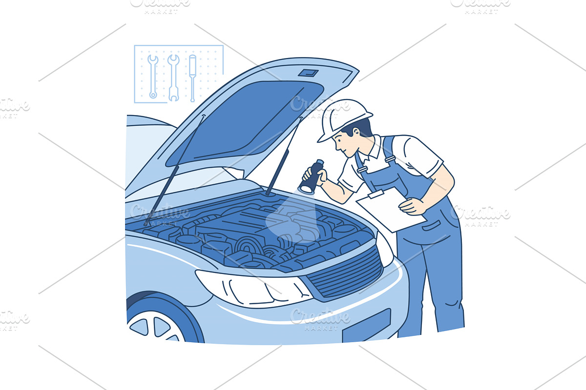 Auto mechanic in uniform and helmet, a Transportation Illustration by Artsaba Family