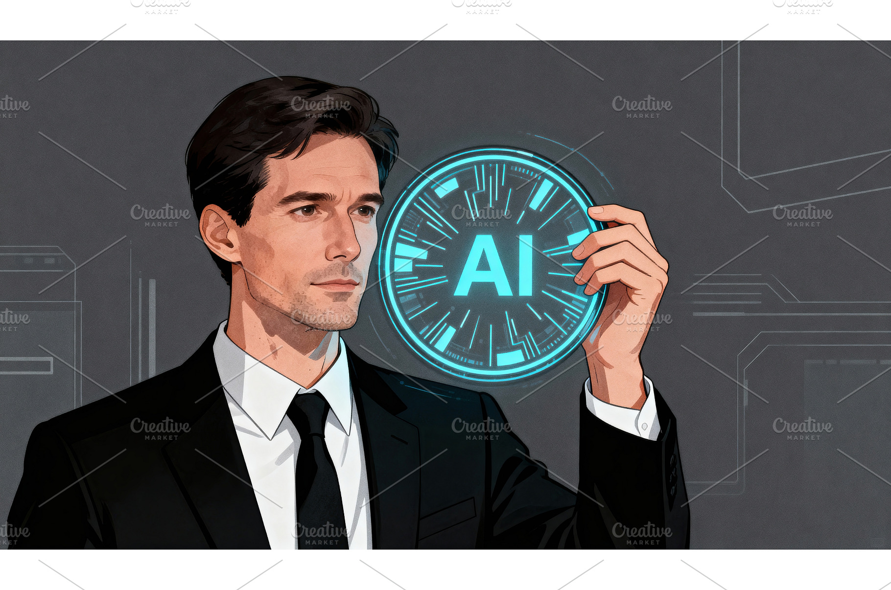 Man in suit holding glowing AI, a Technology Photo by tilialucida