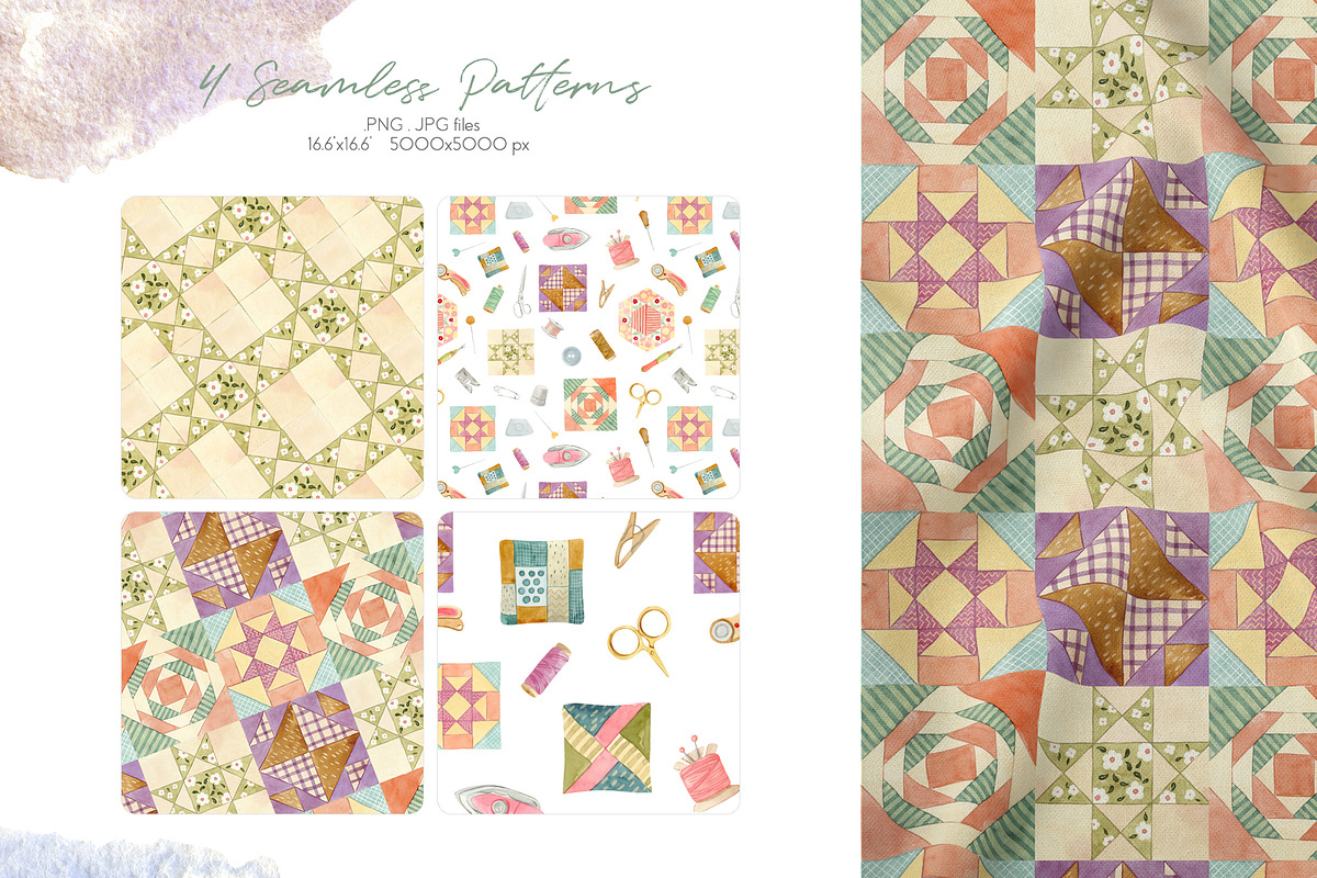 Quilting and Patchwork Clipart, an Illustration by Julia M. Watercolor (Photo 5 of 7)
