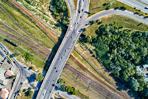 Topdown view of a road bridge containing aerial, bridge, and city, a Transportation Photo by Leonid Andronov