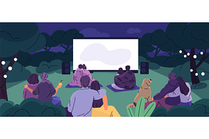 Outdoor cinema. People sitting on, an Illustration by YummyBuum