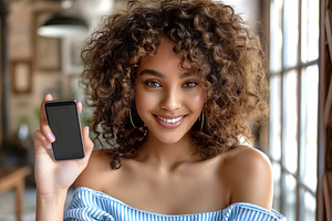 A young mixed-race woman with curly hair smiles brightly while h, a Person Photo by ImageMir