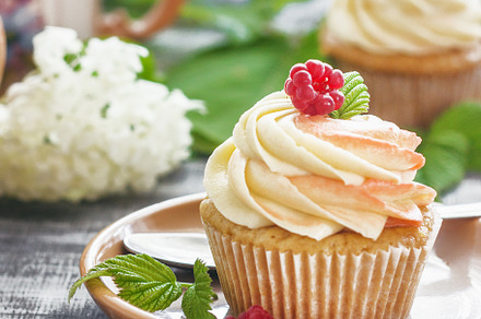Delicate vanilla cupcakes with cream stock photo containing cream and muffin
