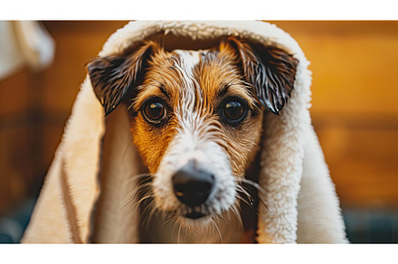 dog in bathrobe and towel on head, an Animal Photo by Neirfy