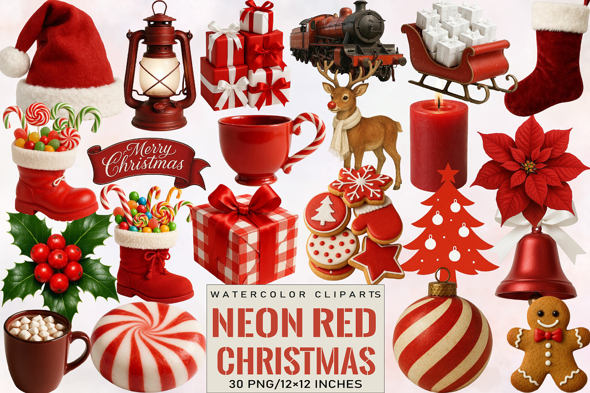 Chic Neon Red Christmas Clipart Bund, an Illustration by SVGArt (Photo 1 of 8)